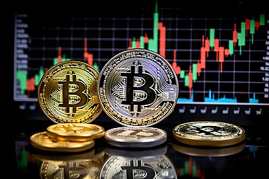pngtree bitcoin cryptocurrency coins with stock market chart background image 16597617